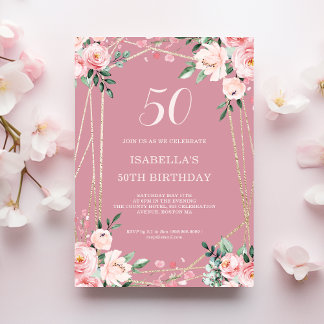 Rose | Blush Pink Floral 50th Birthday Invitation