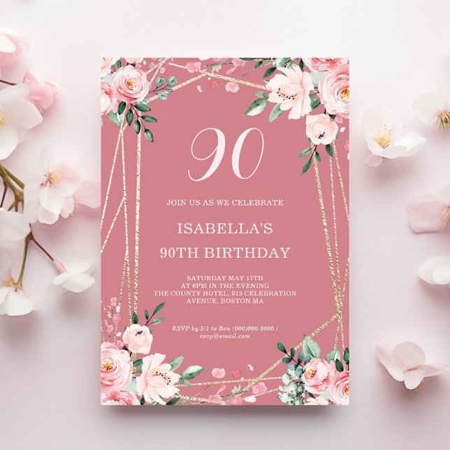 Rose | Blush Pink Floral 90th Birthday Invitation (Creator Uploaded)