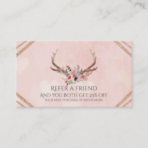 Rose Blush Pink Floral Antlers Glam Refer a Friend Referral Card