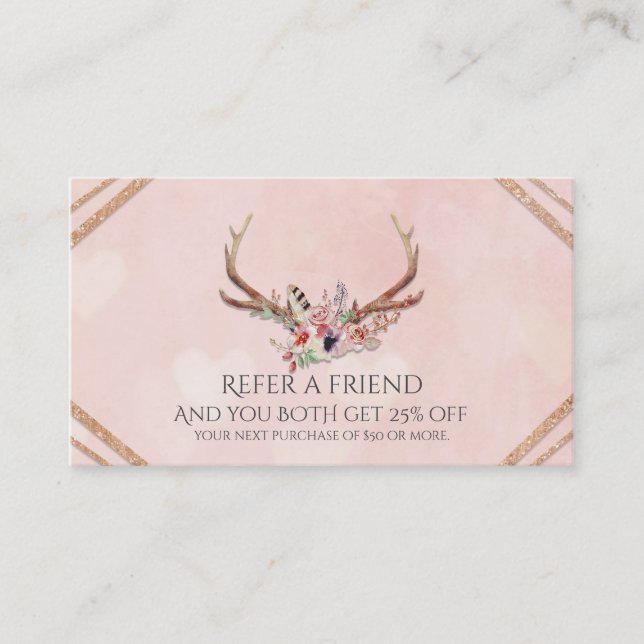 Rose Blush Pink Floral Antlers Glam Refer a Friend Referral Card (Front)