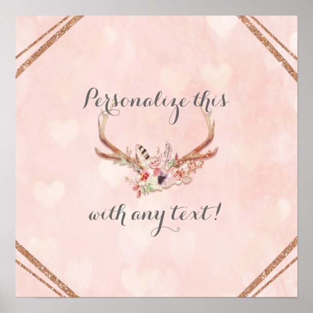 Rose Blush Pink Floral Deer Antlers Banner Poster (Front)