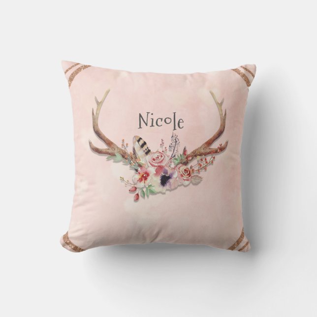 Rose Blush Pink Floral Deer Antlers Boho Chic Cushion (Front)