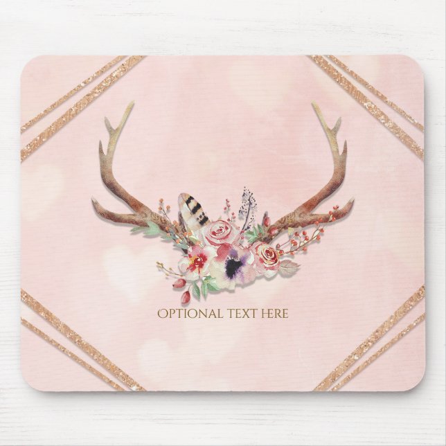 Rose Blush Pink Floral Deer Antlers Boho Chic Glam Mouse Mat (Front)