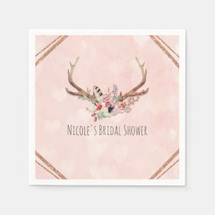 Rose Blush Pink Floral Deer Antlers Boho Chic Napkin