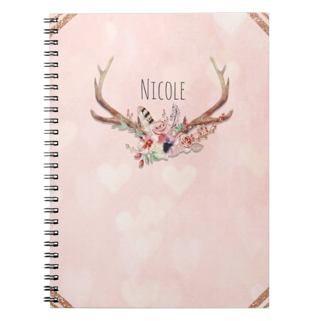 Rose Blush Pink Floral Deer Antlers Boho Chic Notebook (Front)