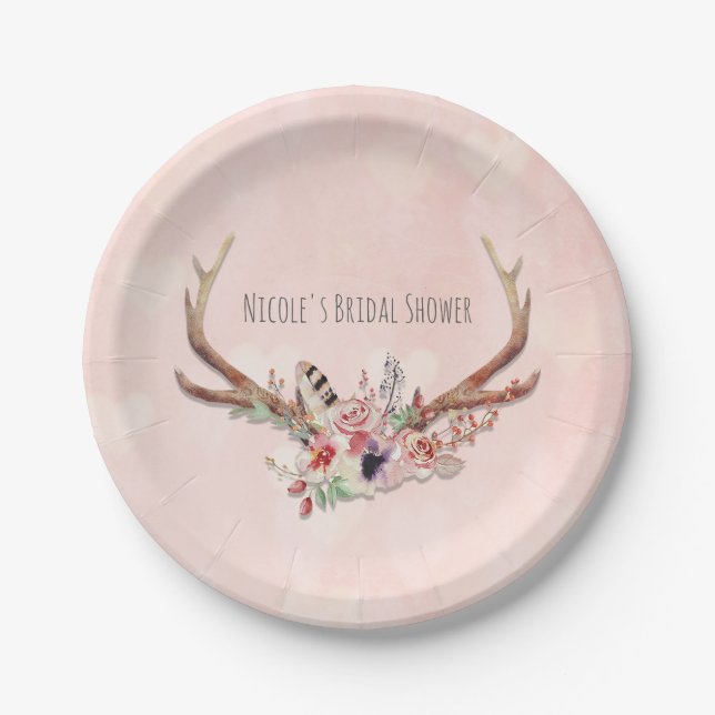 Rose Blush Pink Floral Deer Antlers Boho Chic Paper Plate (Front)