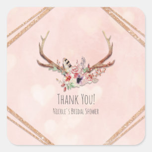 Rose Blush Pink Floral Deer Antlers Boho Chic Square Sticker