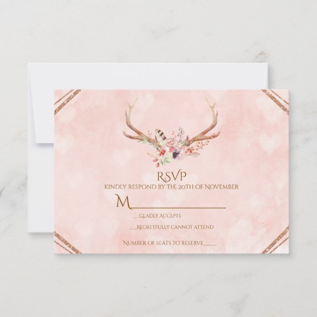 Rose Blush Pink Floral Deer Antlers Boho RSVP (Front)