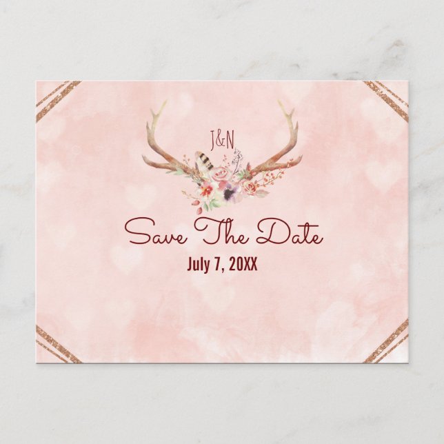Rose Blush Pink Floral Deer Antlers Save The Date Announcement Postcard (Front)