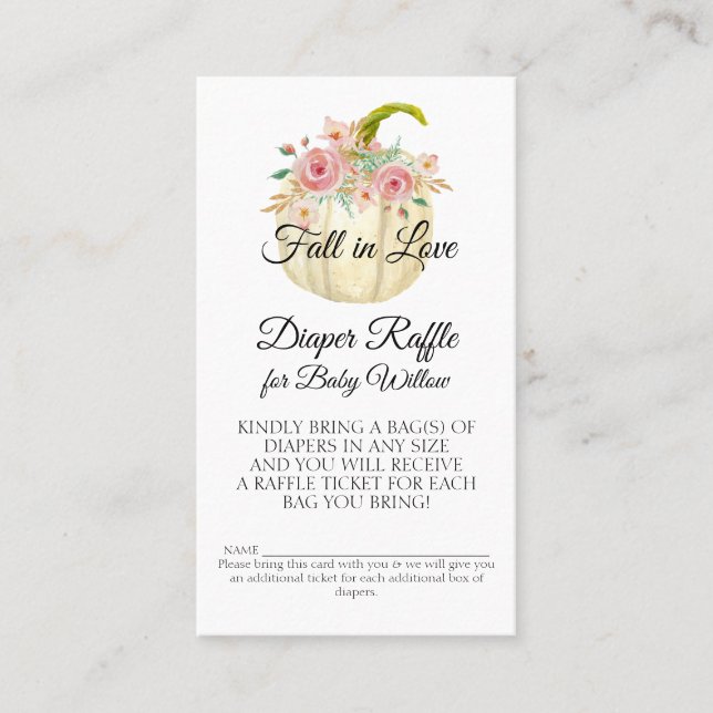 Rose Blush Pink Floral White Pumpkin Diaper Raffle Business Card (Front)