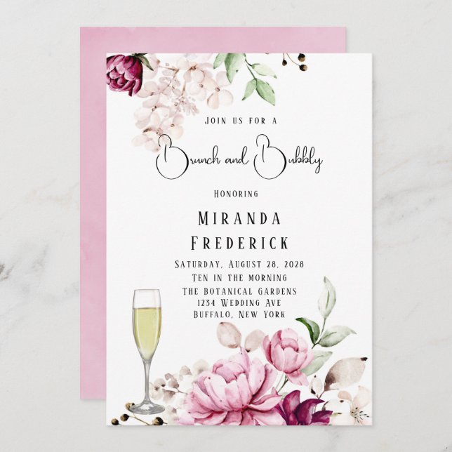 Rose & Blush Pink Paint Peony Brunch and Bubbly Invitation (Front/Back)