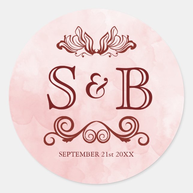Rose Blush Watercolor Wedding Monogram Classic Round Sticker (Front)