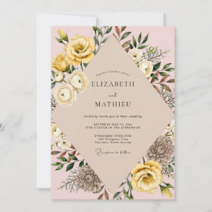 Rose Blush Yellow Ranunculus Eucalyptus Wedding Invitation