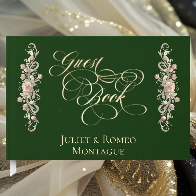 Rose Border & Heart Monogram - Emerald Guest Book (Creator Uploaded)