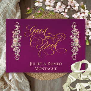 Rose Border & Heart Monogram - Plum Guest Book