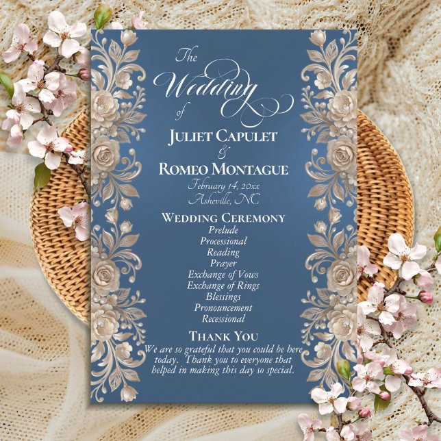 Rose Border on Blue - Wedding Programme (Creator Uploaded)