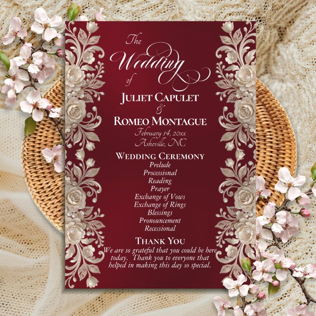 Rose Border on Burgundy - Wedding Programme (Creator Uploaded)