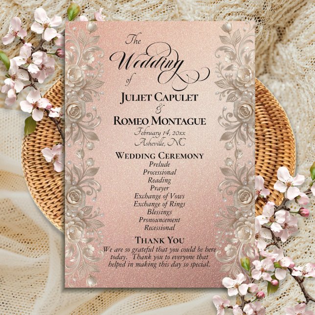 Rose Border on Rose Gold - Wedding Programme (Creator Uploaded)
