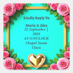 🌸 Rose Border Wedding With Turquoise Colours 🌸 Square Sticker