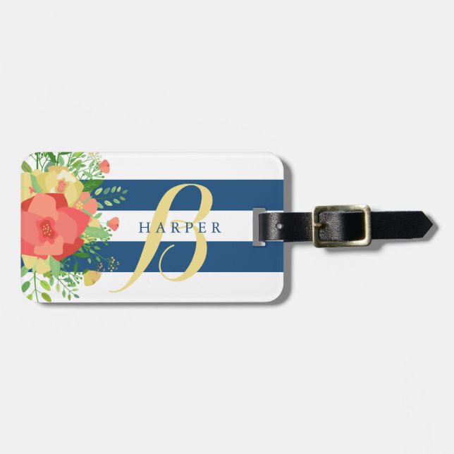 Rose Bouquet & Blue Stripes Custom Name Luggage Tag (Front Horizontal)