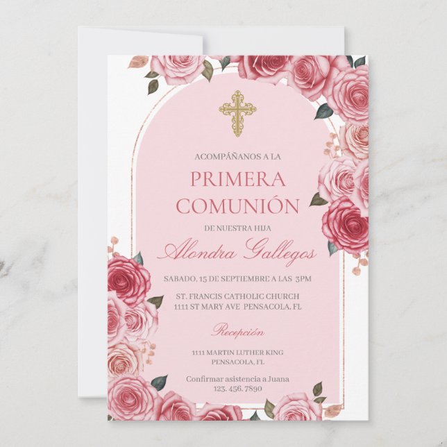 Rose bouquet first communion   invitation (Front)