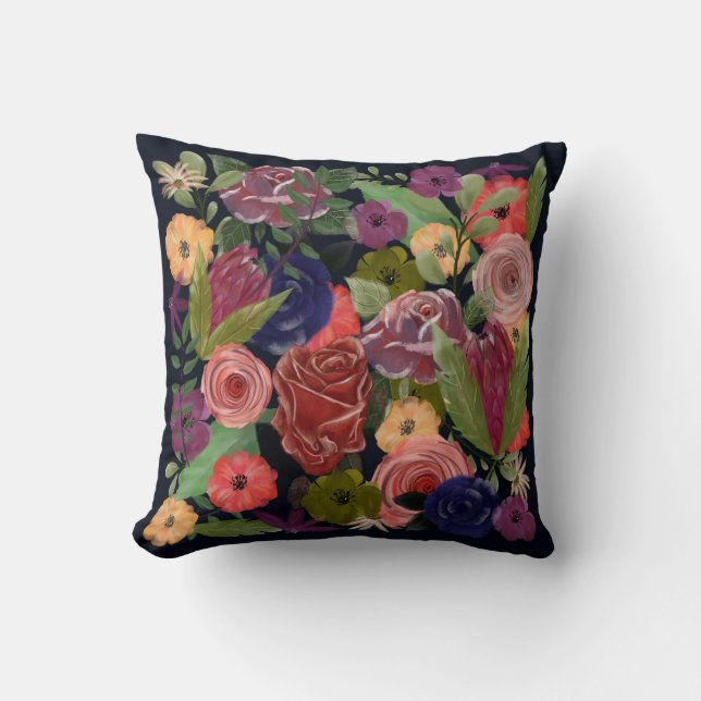 Rose bouquet garden flowers deep blue cushion (Front)