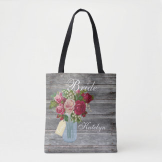 Rose Bouquet Mason Jar Personalised Bride Country Tote Bag