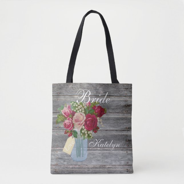 Rose Bouquet Mason Jar Personalised Bride Country Tote Bag (Front)