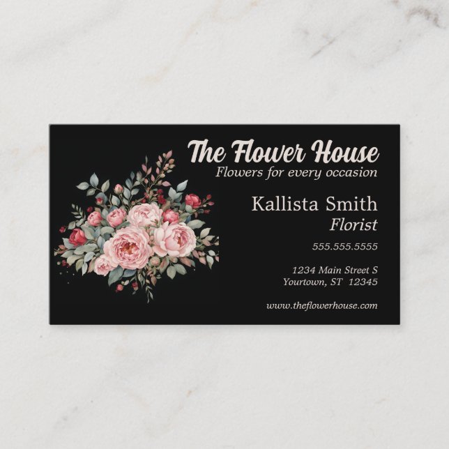 Rose Bouquet on Black Florist Floral Designer Business Card (Front)