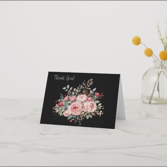 Rose Bouquet on Black Thank You Card (Front)
