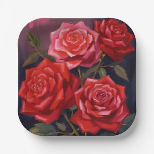Rose Bouquet Red Floral Watercolor Painting Paper Plate