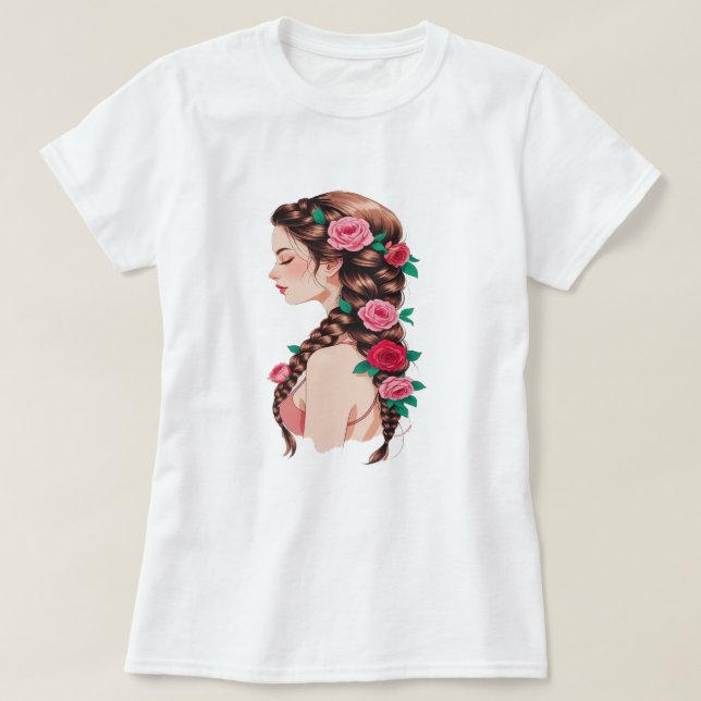 Rose Braided Hair Floral Tee for Women (Design Front)