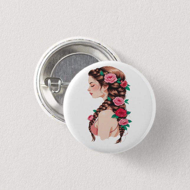 Rose Braided Hair Floral Tee for Women 3 Cm Round Badge (Front & Back)