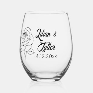 Rose, Bride and Groom's name and Wedding Date Stemless Wine Glass