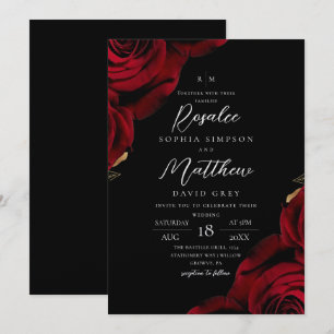 Rose Burgundy & Black Modern Trendy Wedding Invitation