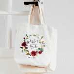 Rose Burgundy Floral Wreath Mother of the Bride Tote Bag<br><div class="desc">A sweet and elegant gift for the mother of the bride,  tote features a burgundy rose watercolor greenery wreath with "mother of the bride" inscribed inside in hand lettered script. Personalise with your wedding date or the recipient's name beneath.</div>