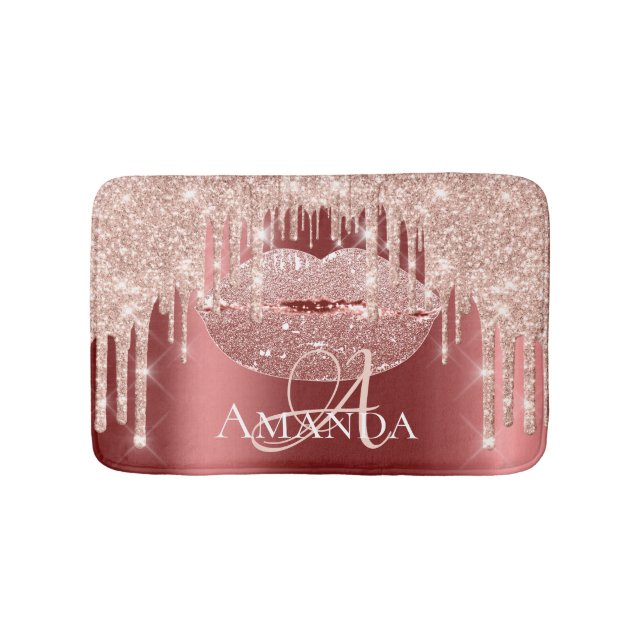 Rose Burgundy Glitter Name Monogram Makeup Bath Mat (Front)