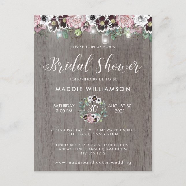 Rose Burgundy Rustic Boho Bridal Shower Invitation Postcard (Front)
