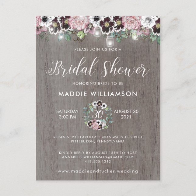 Rose Burgundy Rustic Boho Bridal Shower Invitation Postcard (Front)