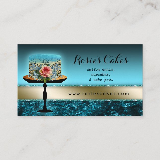 Rose Cake Bakery Elegant Blue Crushed Velvet Business Card (Front)