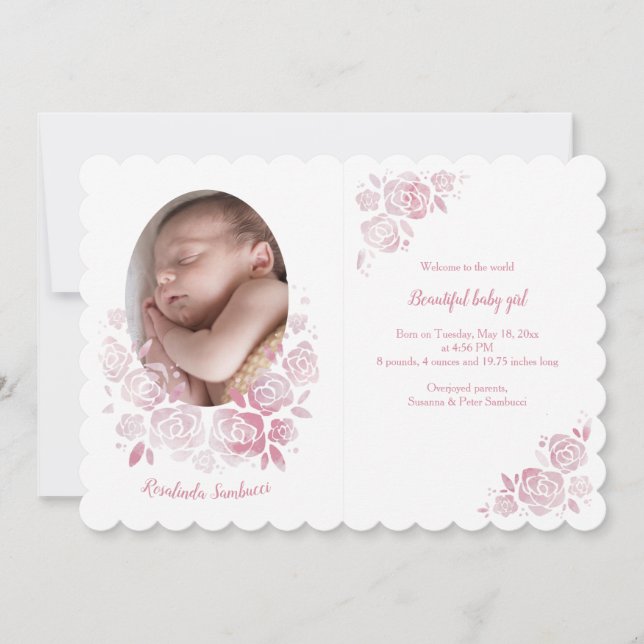Rose Cameo Photo Birth Announcement (Front)