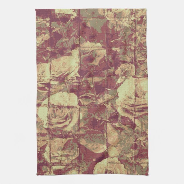 Rose camouflage pattern on tiled wall background tea towel (Vertical)