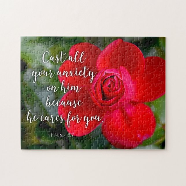 Rose Cast all your Anxiety Christian Bible Verse Jigsaw Puzzle (Horizontal)
