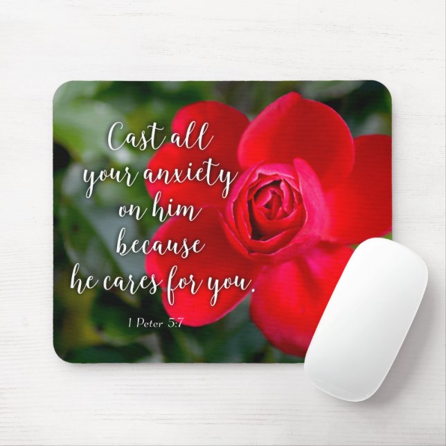 Rose Cast all your Anxiety Christian Bible Verse Mouse Mat (With Mouse)