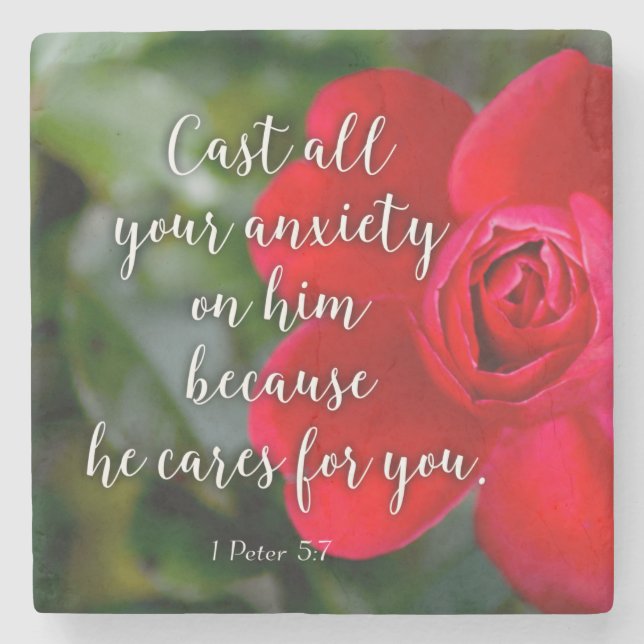 Rose Cast all your Anxiety Christian Bible Verse Stone Coaster (Front)