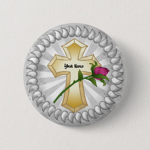 Rose Christian Cross pin button
