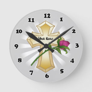 Rose Christian Cross Round Clock