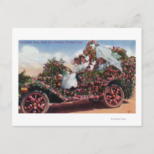 Rose City Festival Decorated Auto with Ladies Postcard