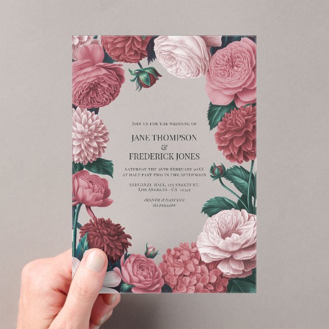 Rosé Clay, Terra Pink & Peony Smoke Floral Wedding Acrylic Invitations (Insitu (Handheld))
