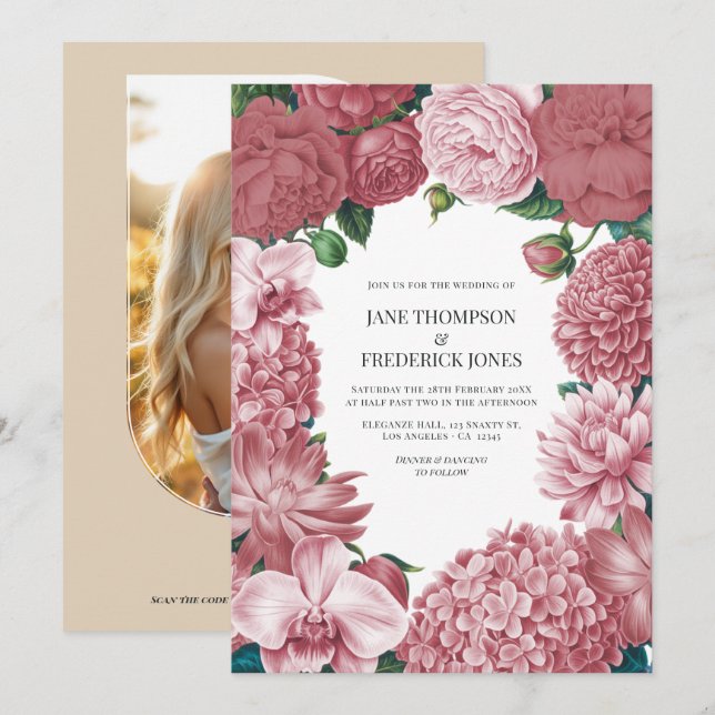 Rosé Clay, Terra Pink & Peony Smoke Floral Wedding Invitation (Front/Back)